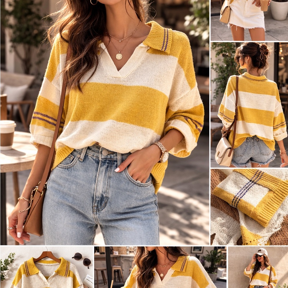 Cozy Yellow and White Striped V-Neck Sweater